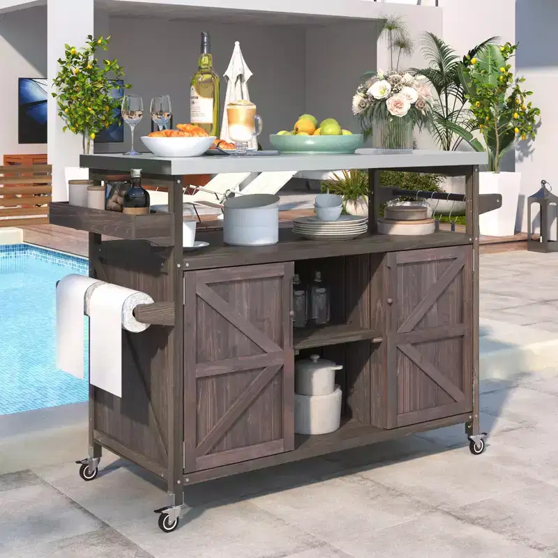 Outdoor Kitchen Island, Rolling Bar Cart & Storage Cabinet, Farmhouse Outdoor Grill Table with Stainless Steel Top, Towel Rack