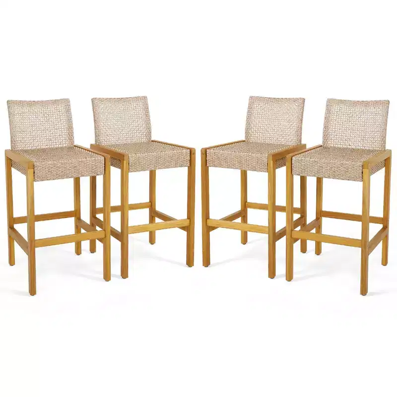 Costway Set of 4 Patio Wood Barstools Rattan Bar Height Chairs with Backrest Porch Balcony