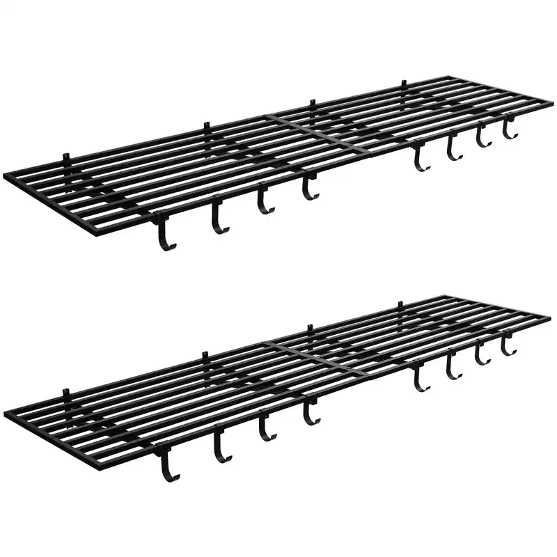 Heavy Duty Garage Wall Shelf, 2 Pack 2x4 ft Metal Floating Shelves with 8 Hooks, Wall Mounted Storage Organizer for Garage, Shop, Laundry, Office