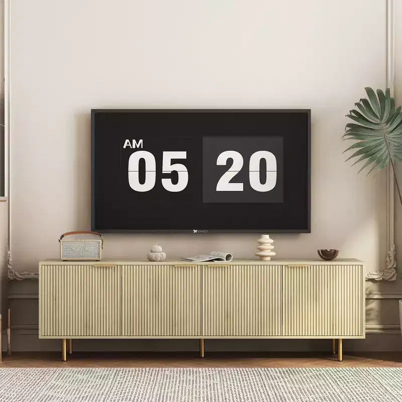 VIYET 69 Modern Fluted TV Stand for 55+ Inch TVs, Black MDF Media Console w/ 4 Storage Doors & Gold Legs