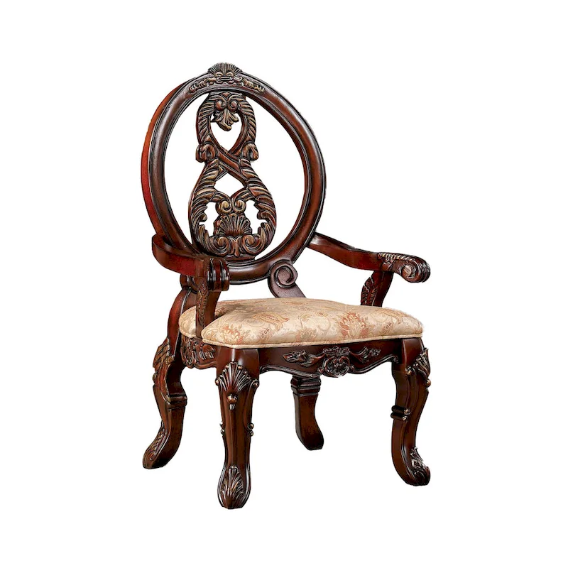 28 Inch Dining Side Chair (2-Pack), Brown Wood Carved Back, Beige Fabric