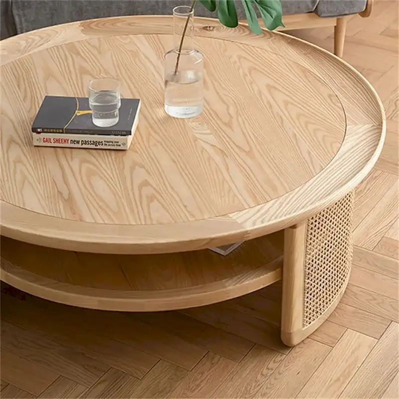 JASIWAY 2-Tiered Round Wood Coffee Table with Rattan Base