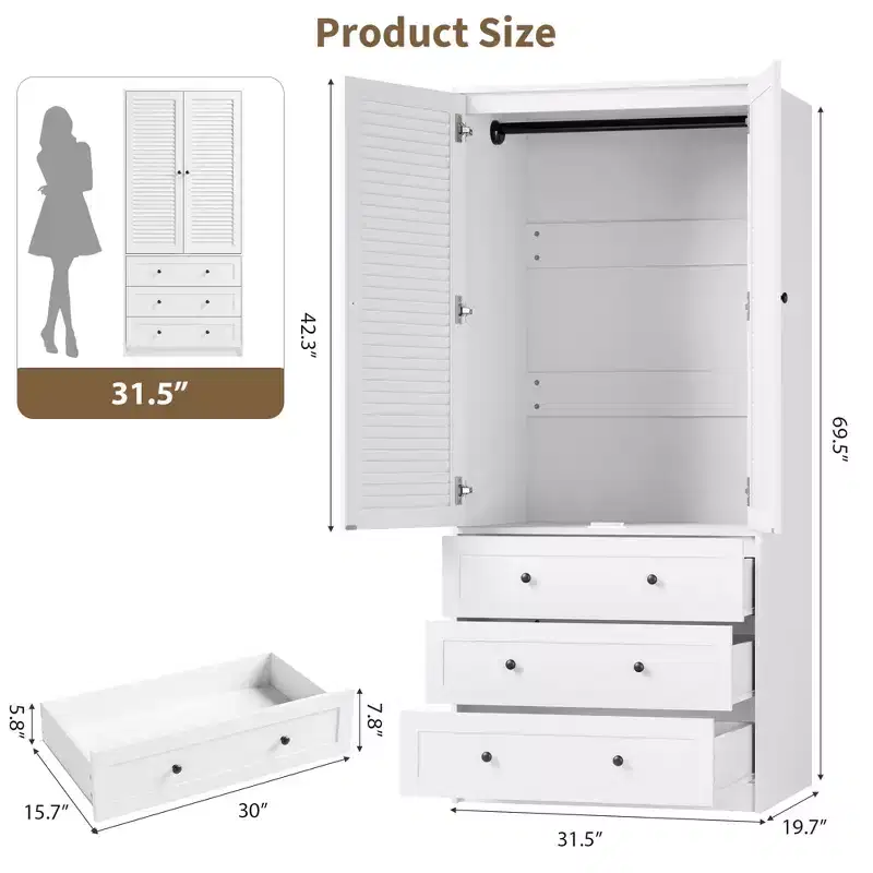 69.5 Tall White Armoire Wardrobe Closet w/ Drawers & Louvered Doors, Wooden Large Capacity Clothing Storage Cabinet & Hanging Rod for Bedroom