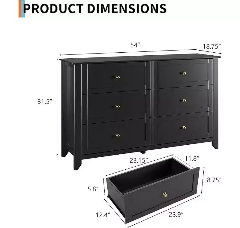 6 Drawer Dresser for Bedroom, 54 Wide Large Dresser with Deep Drawers & Metal Knobs, Modern Wooden Chests of Drawers for Entryway, Hallway