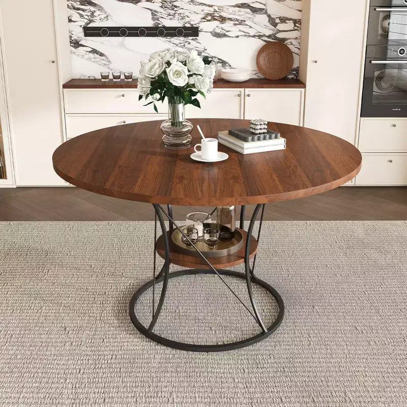 JVNOXK 43 Expandable Round Dining Table for 4-6 People, Extendable to 59 Farmhouse Kitchen Table with Storage Shelf & Metal Base, Brown & Black