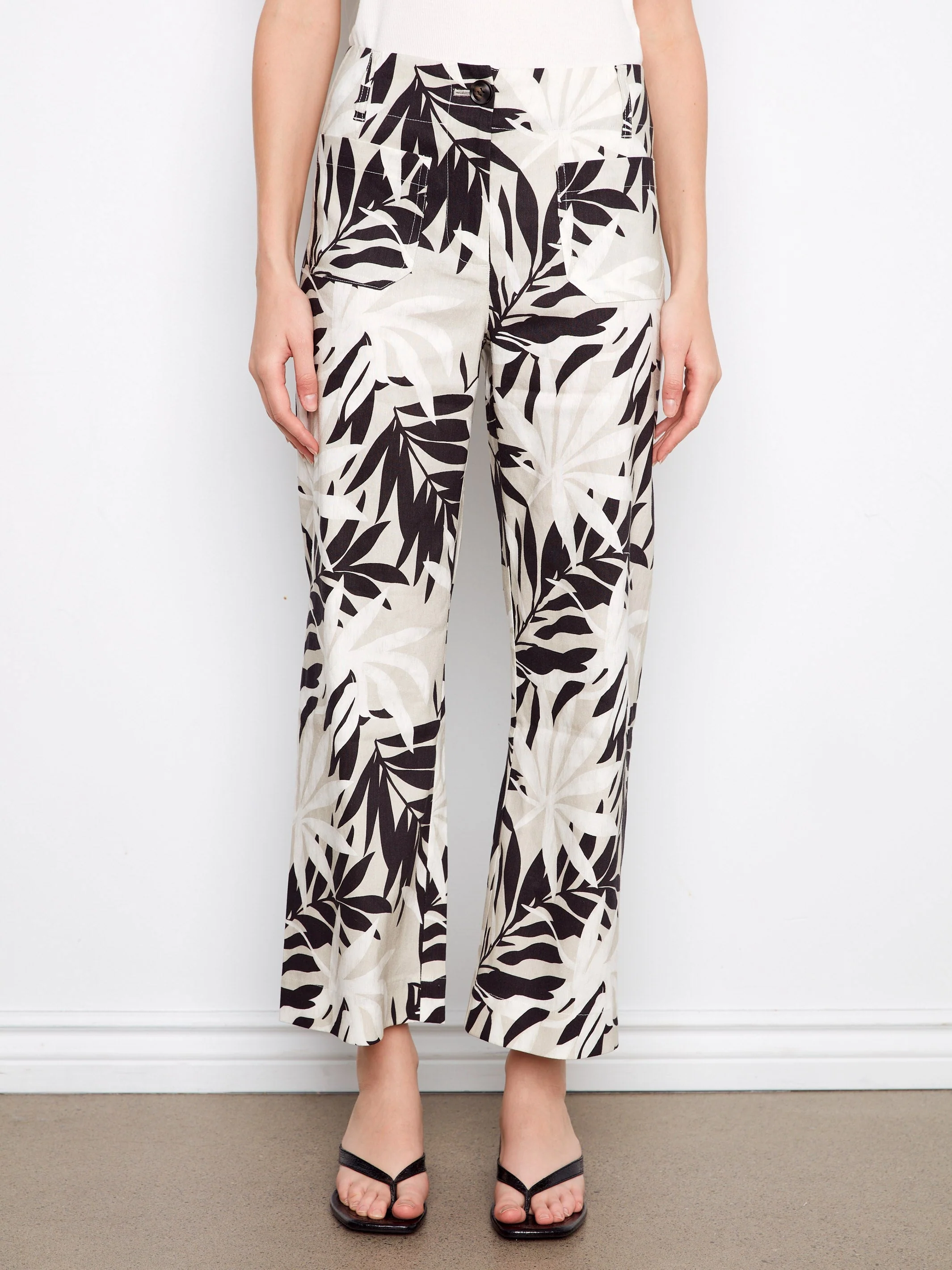 Printed Cropped Linen Blend Pants - Black & White Leaf Print