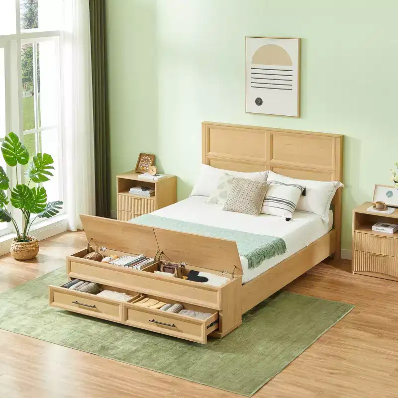 Queen/King Platform Bed Frame with Drawers, Storage Bench and 3D Geometric Headboard