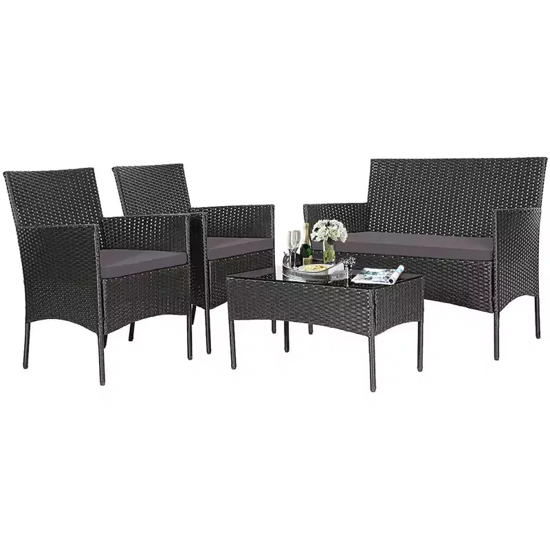 Costway 4PCS Patio Rattan Furniture Set Cushioned Sofa Coffee Table Backyard Turquoise/Red/White/Grey/Navy