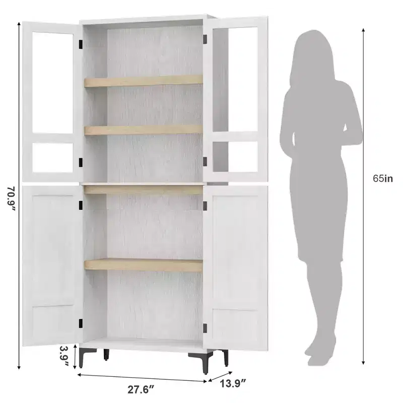 71 Inch Tall Storage Cabinet with Glass Doors, Kitchen Pantry 5 Tier Bathroom Cabinet Adjustable Shelves for Kitchen, Dining Room, Bathroom