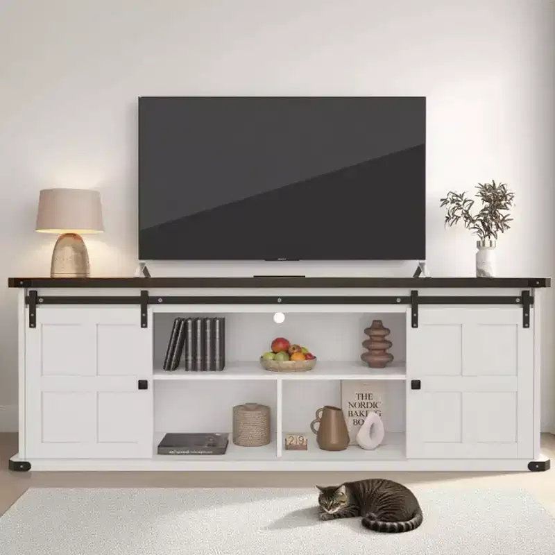 70 Farmhouse TV Stand for 80/75/70 Inch TVs,Entertainment Center Storage Cabinets w/Power Outlets and Sliding Barn Door,Rustic TV Stands,Media Cabine
