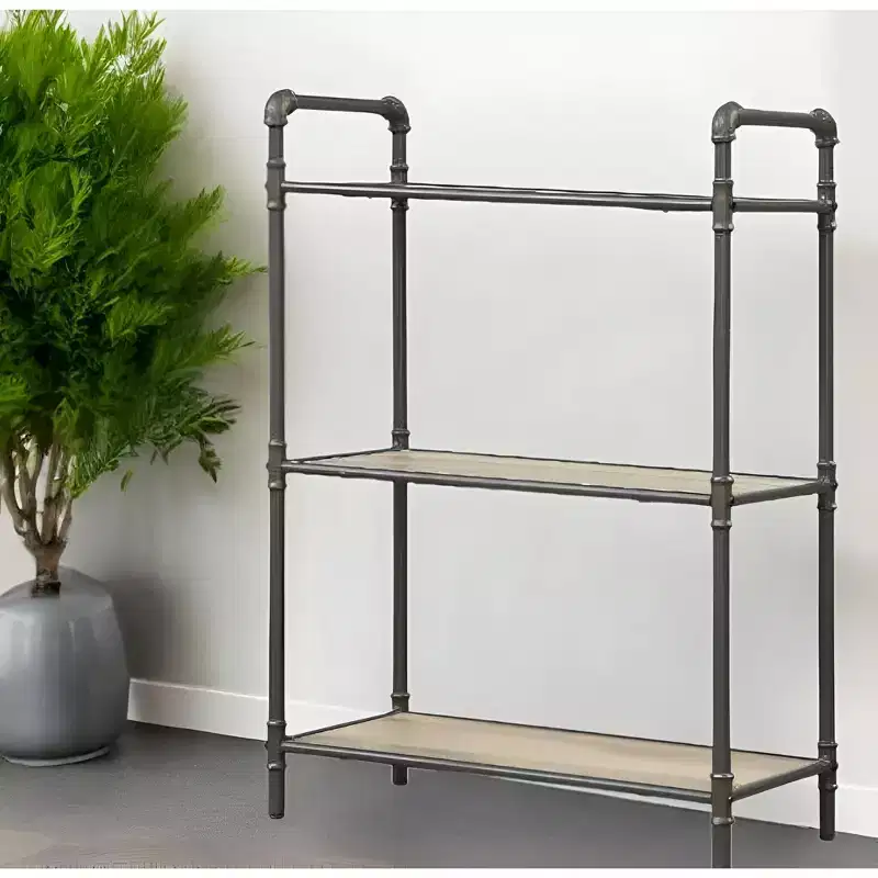 Antique Oak & Sandy Gray Metal 3-Tier Bookcase, 1-Person
