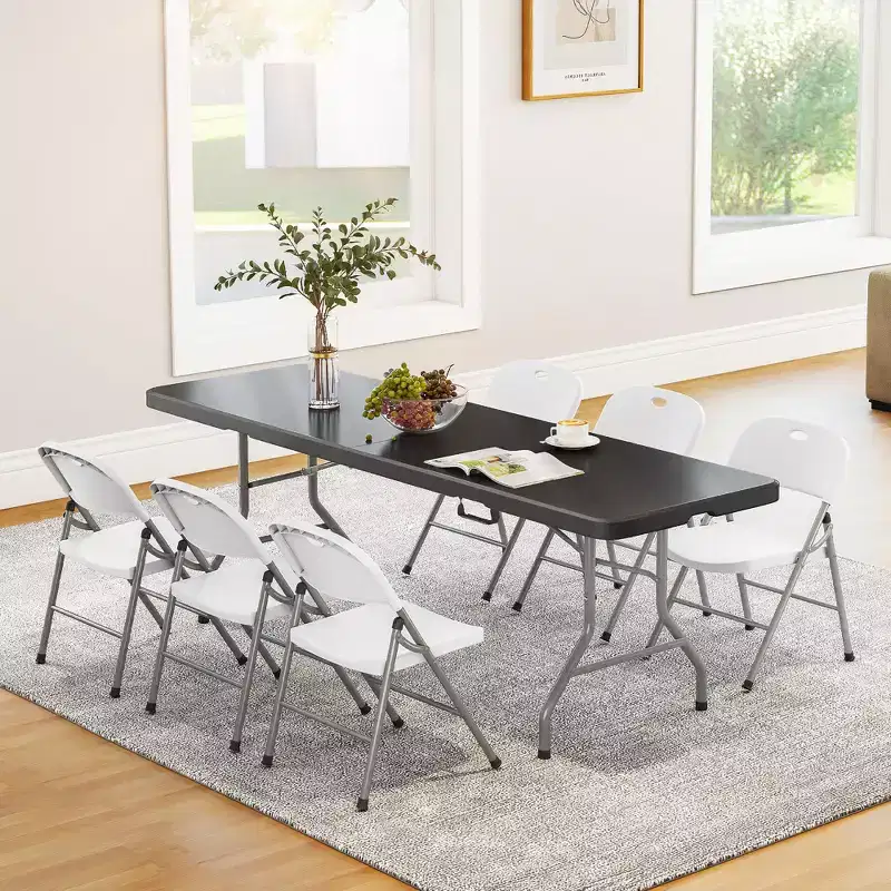 8 Foot Portable Folding Table HDPE Plastic Indoor Outdoor Fold-in-Half Black Seats 10 to 12