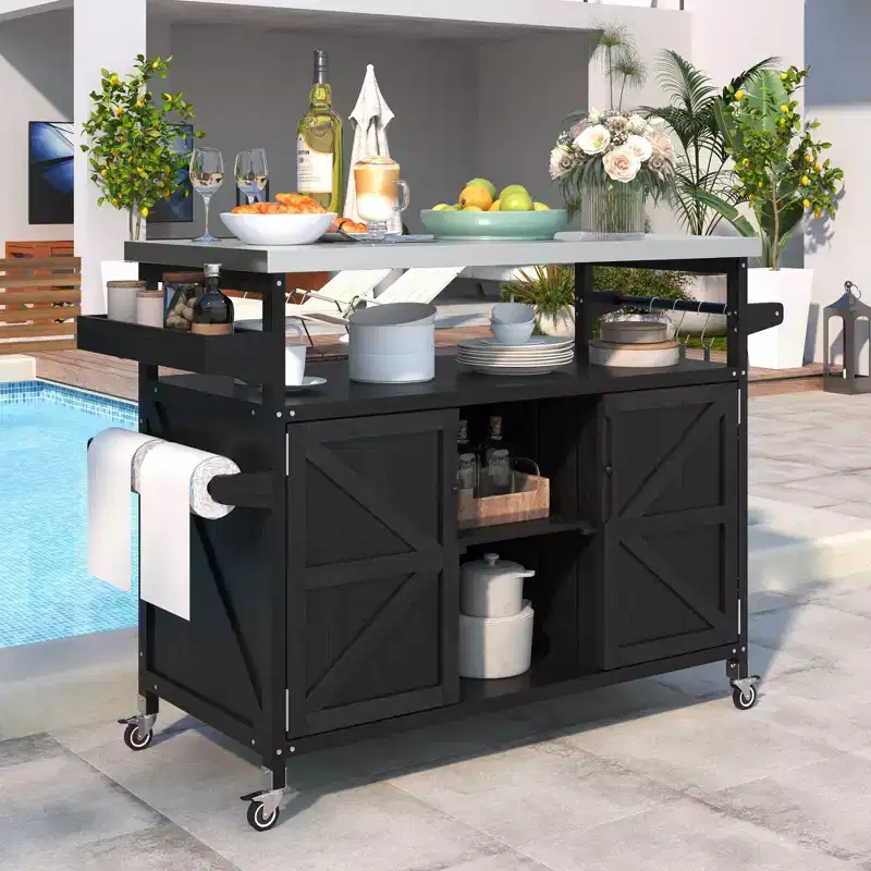 Okak Outdoor Kitchen Island with Stainless Steel Top, Wooden Kitchen Cart with Doors, Shelves and Spice Rack, Rolling Kitchen Island