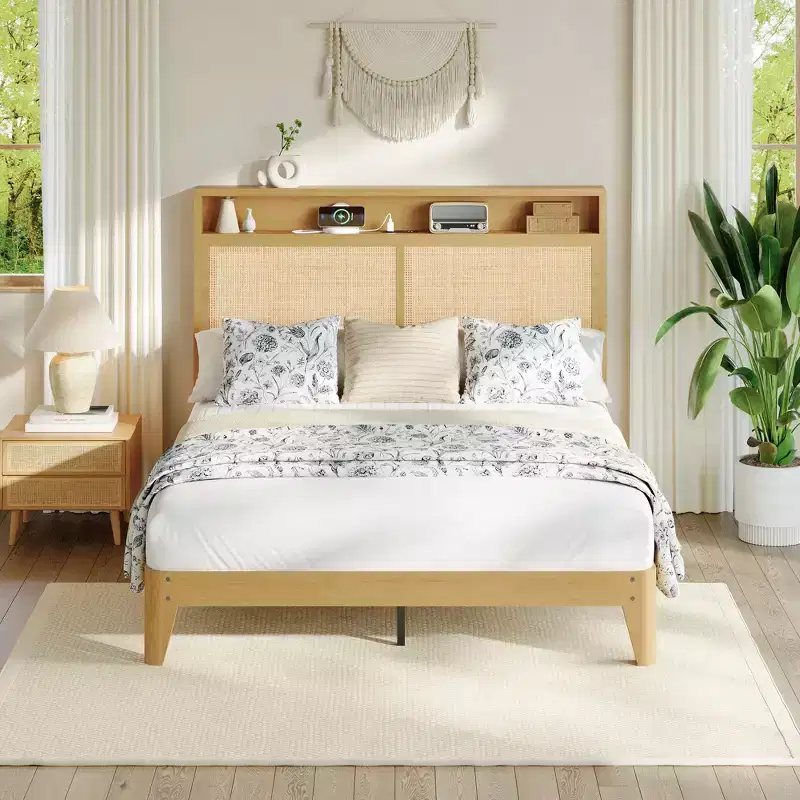 COZONY LED Bed Frame with Rattan Headboard, Built in Charging RGB Lighting Storage Design