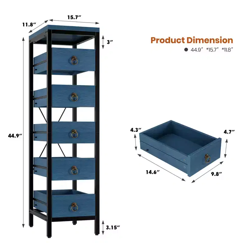 Slim 5-Level Metal Storage Rack with Sliding Basket Drawers, Narrow Space Organizer Shelf for Kitchen, Pantry, Bathroom, and Home Use