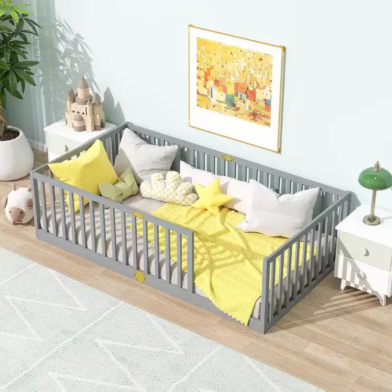 Whisen Twin Floor Bed & Bed Frame with High Fence Railings, 6 Slats Included, Safety Guardrails, without Door