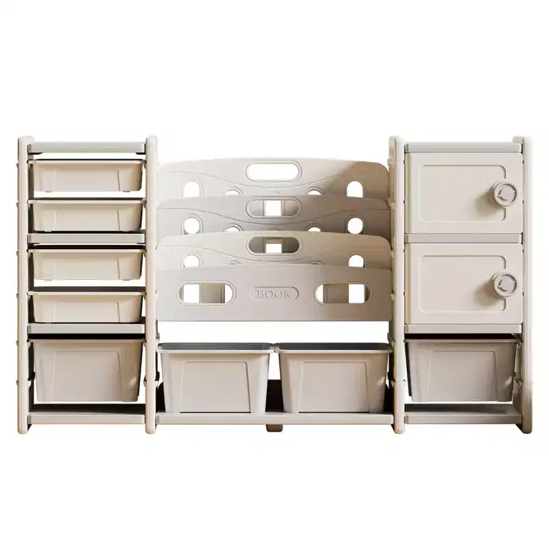 Kids Toy Storage Organizer 8 storage cabinet Removable Toy Bins, 4-Tier Book organizers Storage and 2 cabinet storage, Kids Bookshelf and Toy Storage
