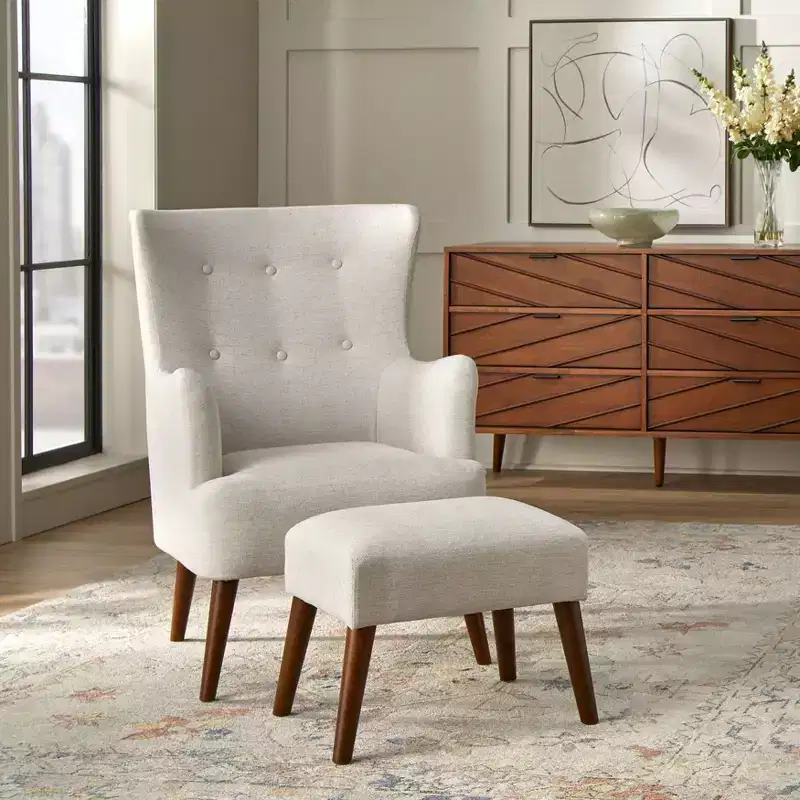 Jane Traditional Upholstered Accent Chair and Ottoman Linen
