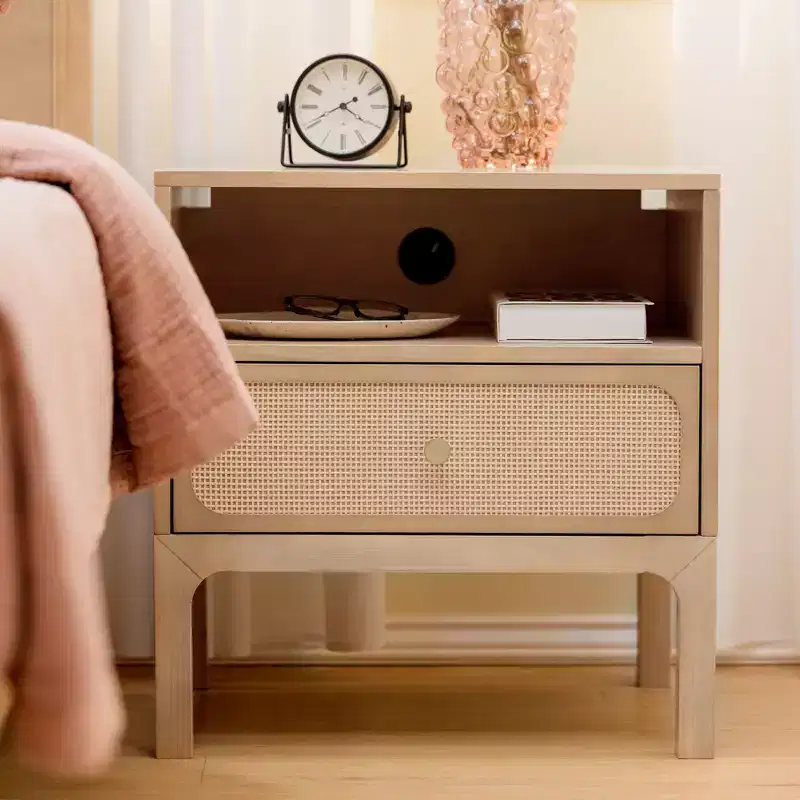 Elio Rattan Cubby Nightstand with 1 Drawer, Electrical Outlet and Brass Knob