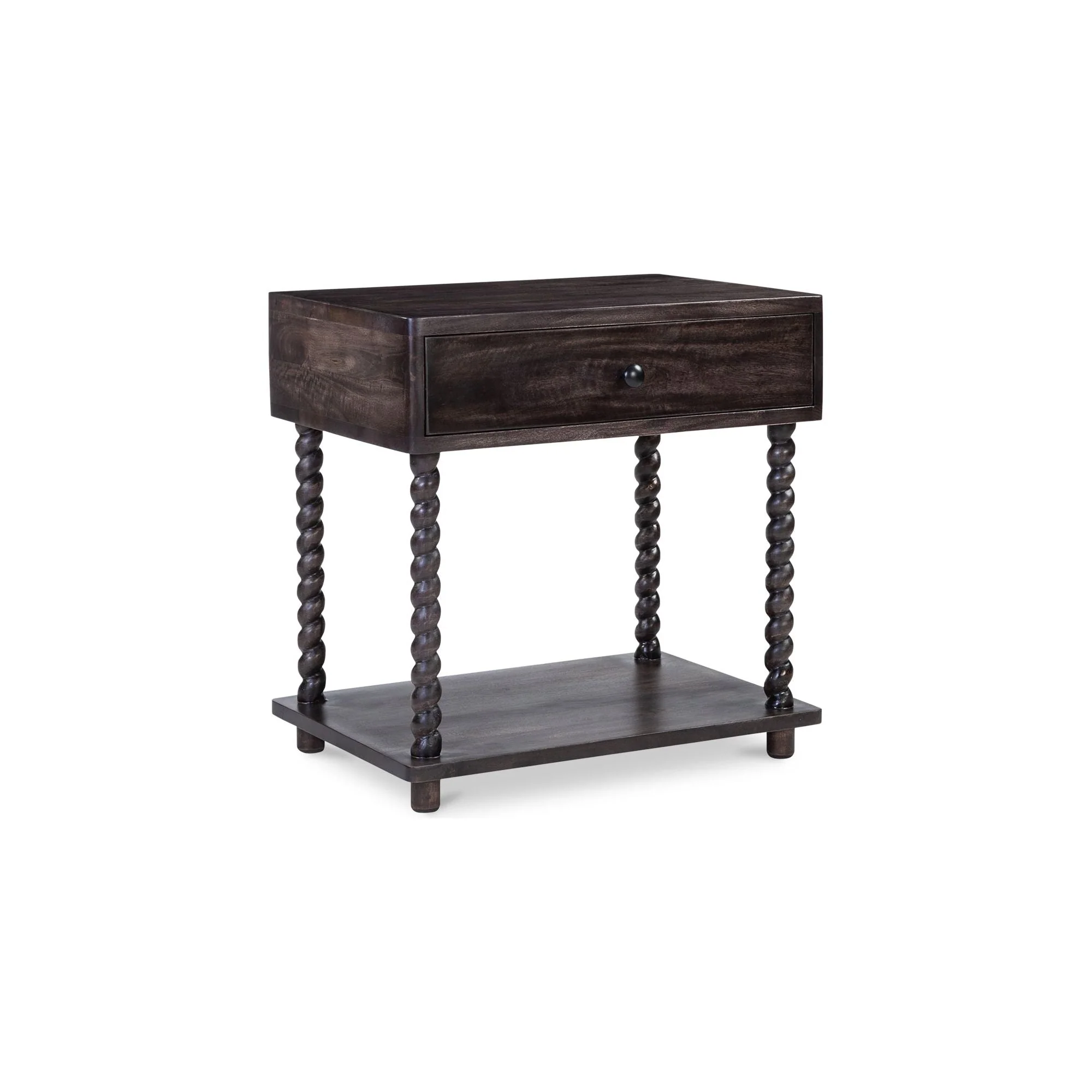 Traditional Mango Wood Dark Brown Nightstand with Turned Legs & Lower Shelf for Bedroom