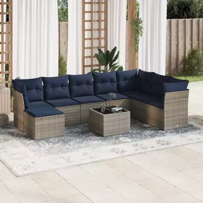 vidaXL 9 Piece Patio Sofa Set with Cushions Poly Rattan - Brown and Red With Table