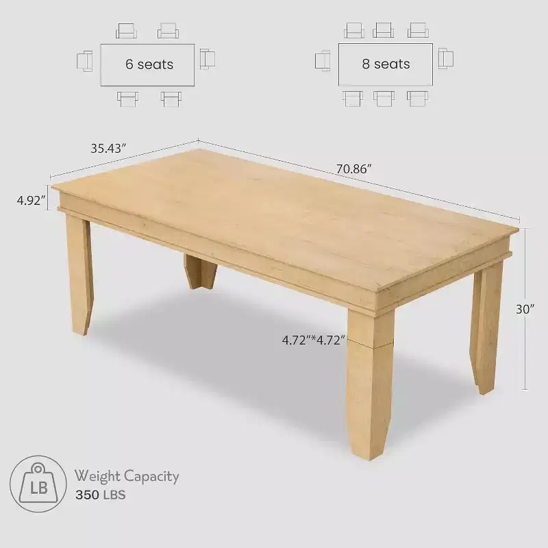 Farmhouse Dining Table for 6-8 People, 71 in Long Kitchen Tables with Wooden Sturdy Frame, 6 ft Large Rectangular Dinner Table for Dining Room