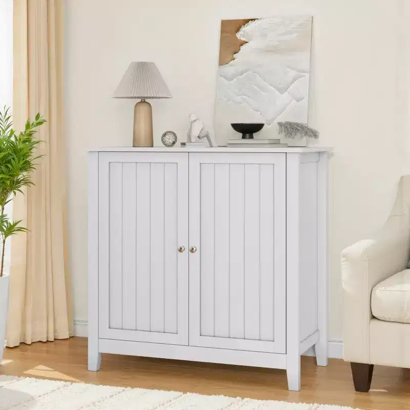 32 White Bathroom Storage Cabinet, Small Buffet Cabinet Freestanding Floor Cupboard with Adjustable Shelf - Panipeachy
