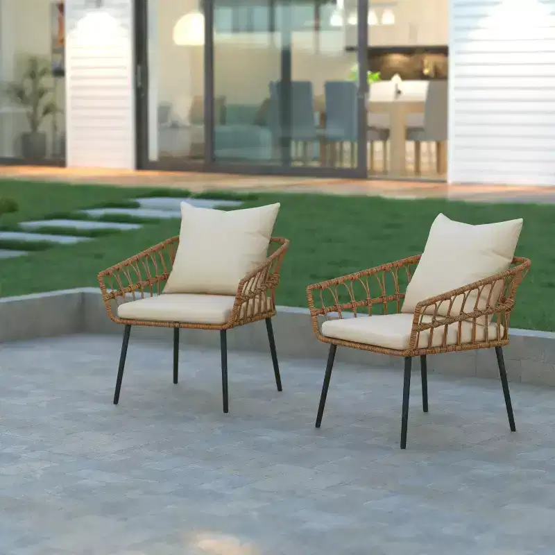 Emma and Oliver Indoor/Outdoor Bohemian Natural Rattan Rope Patio Chairs with Open Weave Design and Removable Plush Cushions
