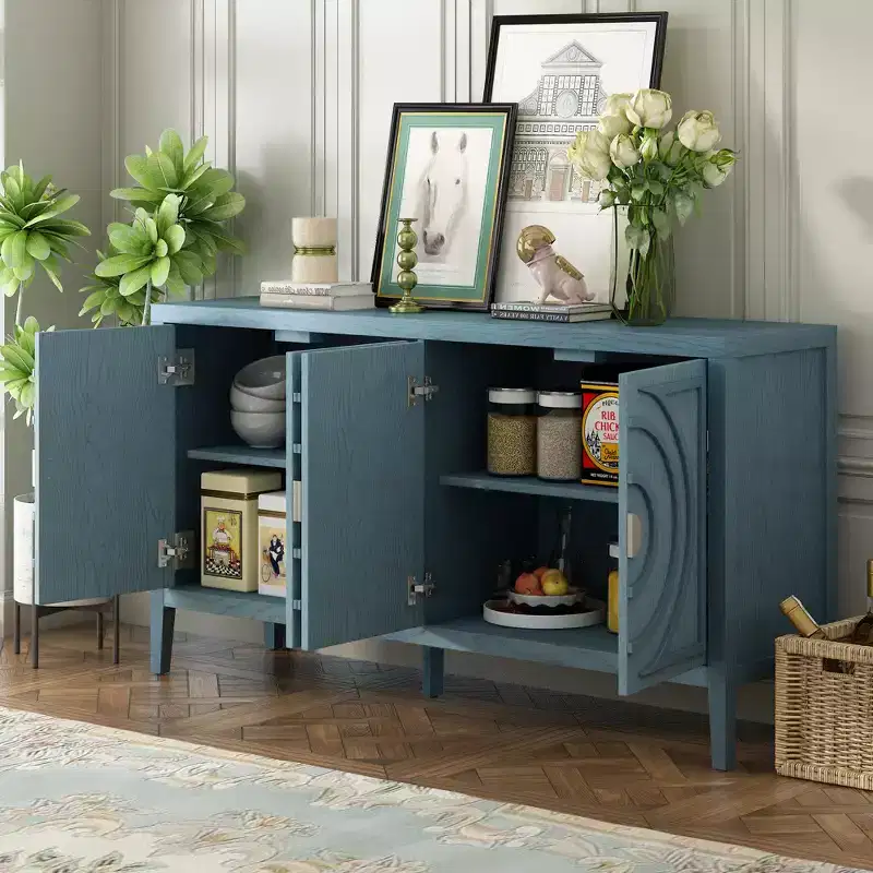 Retro Sideboard with Circular Groove Design, Round Metal Door Handles
