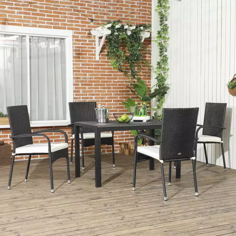 Stackable 4 PE Rattan Outdoor Dining Chairs with Cushions, Patio Wicker Dining Chairs with Armrests & Backrest