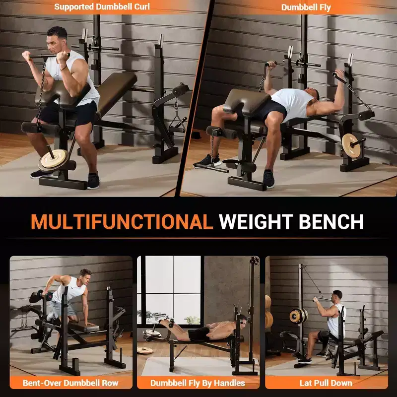 GustoWave Adjustable Weight Bench Set, Foldable Multi-Function Bench Press Rack with Preacher Curl Pad, Leg Developer & LAT Pulldown