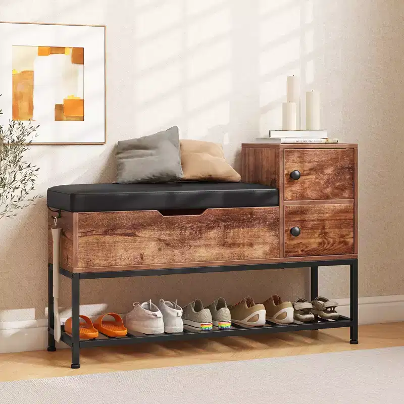 Entryway Bench Shoe Bench w/ Flip Top Box & 2 Door Cabinets PVC Seat Cushion