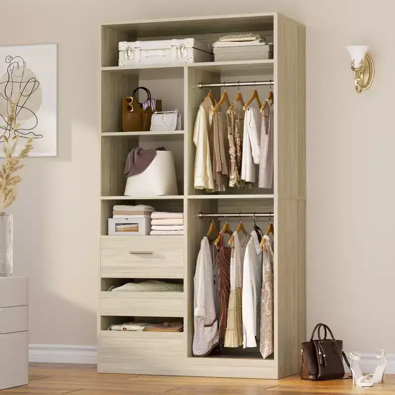 Besiost 36-In Closet Organizer with Wood Drawers, Freestanding Closet System with Hanging Rods