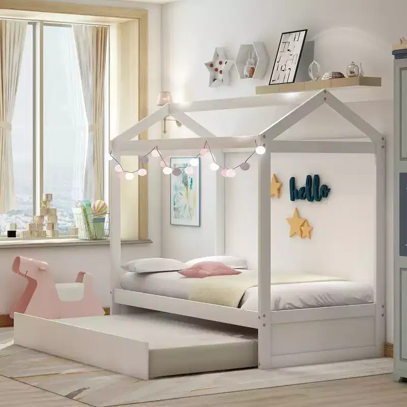 Wooden Twin Size Bed Frames With Twin Size Trundle, Easy Assembly, Platform Bed Frame, Slat Mattress Foundation
