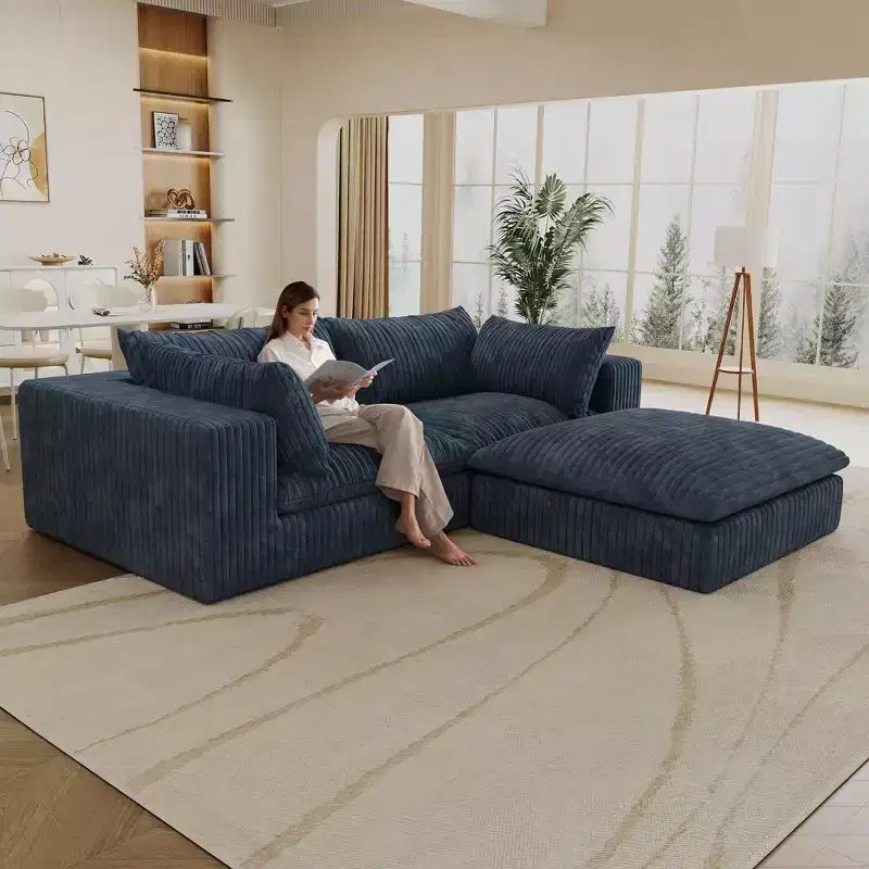 78.8 Blue Cloud Sofa with Ottoman, Corduroy Fabric Deep Seat Couches Double-layer design,Removable Cushion No Assembly