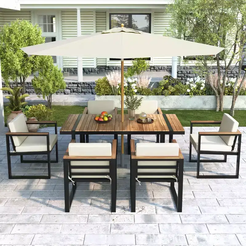 Whisen 7 Pieces Outdoor Dining Set Patio Dining Table and Chair Set with and Removable Cushions