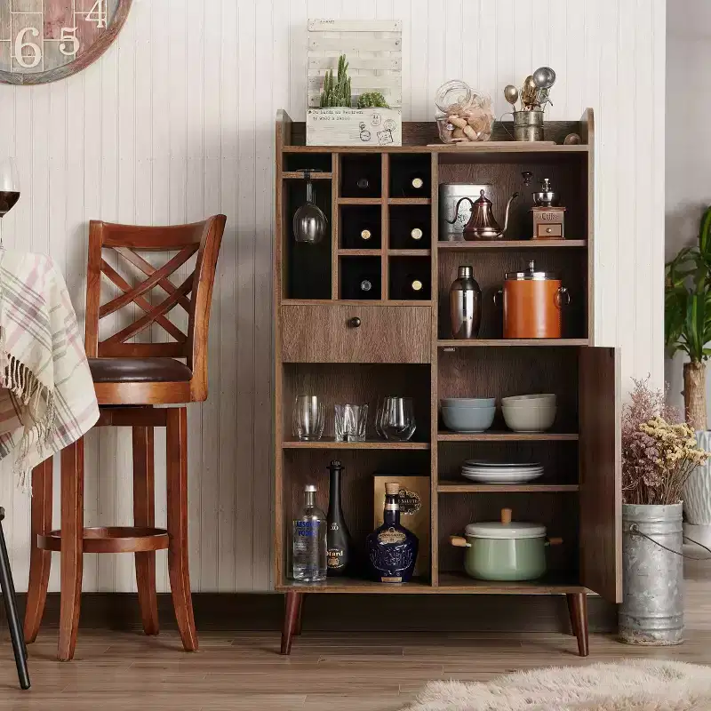 Distressed Walnut Mid-Century Freestanding Wine & Bar Cabinet