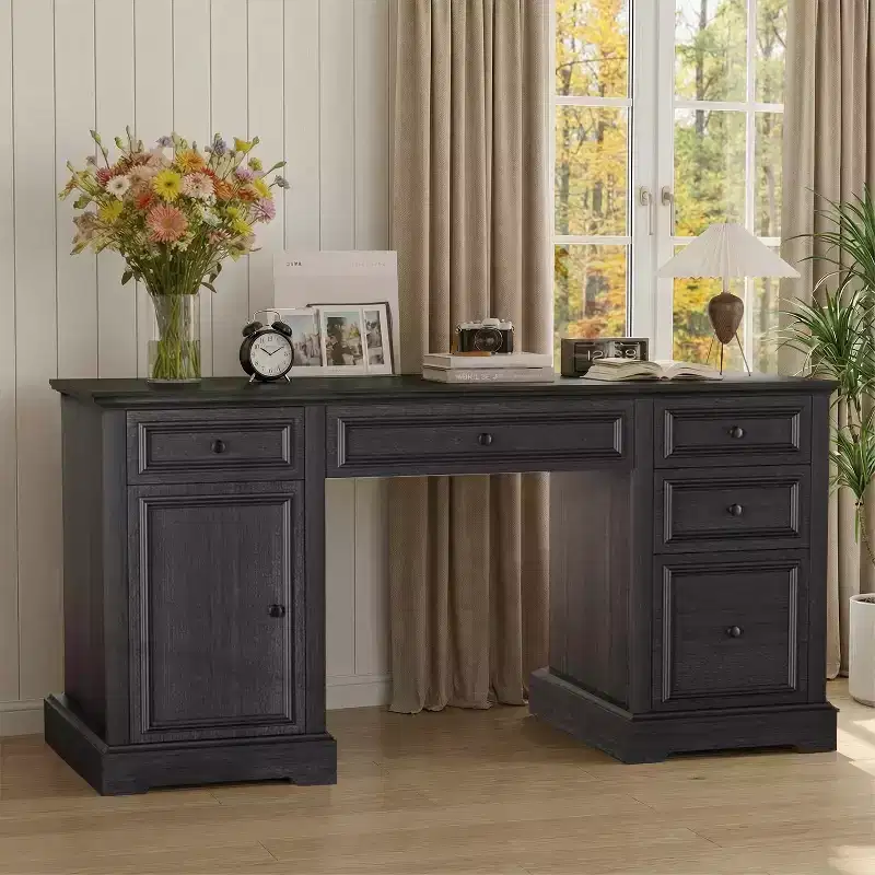 60 Farmhouse Executive Desk for Home Office - Wooden Writing Desk with Drawers, Cabinet Storage, Rustic Home Office Desk for Work Study