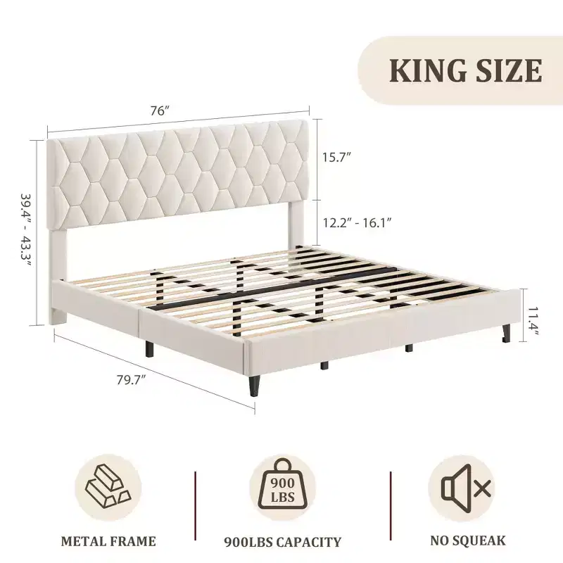 Bed Frame Twin XL/King Size w/ Adjustable Headboard, Upholstered Platform Bed w/Sturdy Wood Slats Support, No Box Spring Needed