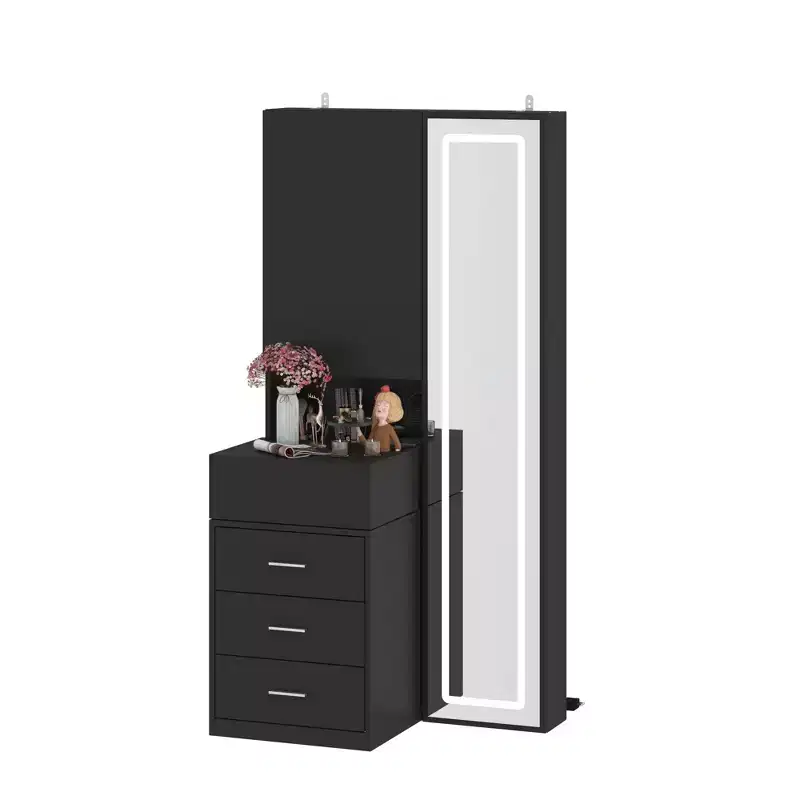 Famapy Stylish Vanity Cabinet with Full-Size LED Mirror & Divided Drawers,White/Black/Pink Storage Cabinet,Spacious Organizer for Bedroom Makeup