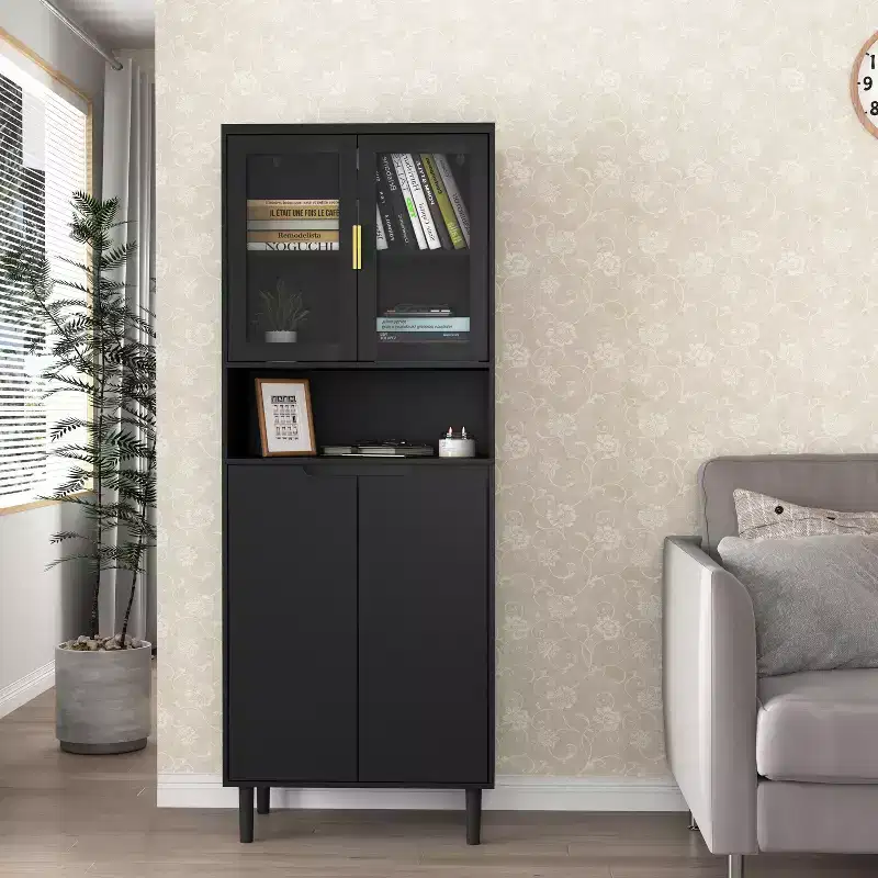 CLIHOME 4 Tempered Glass Door Tall Storage Bookcase, Utility Storage Cabinet With Adjustable Shelves