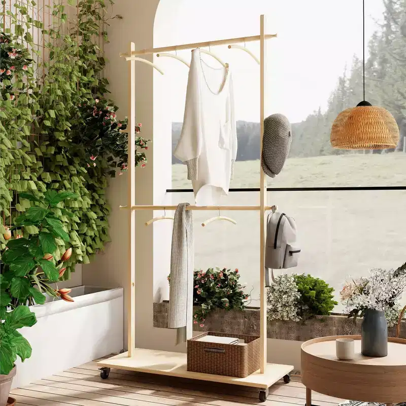 Wooden Space-Saving Hall Tree with 6 Wooden Hangers, Freestanding Coat Rack with Adjustable Shelf and Wheels, Coat Tree for Living Room, Old Pine