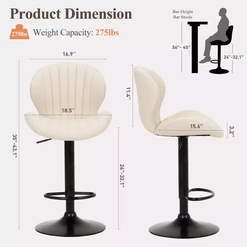 24-32.1 Adjustable Height Bar Stools with 360 Swivel, Soft Elastic Cushion for Kitchen Island, Bar, Living Room