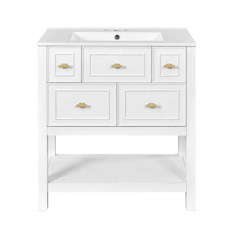 30 Bathroom Vanity with Ceramic Sink Combo, Free Standing Single Vanity Set with 5 Drawers