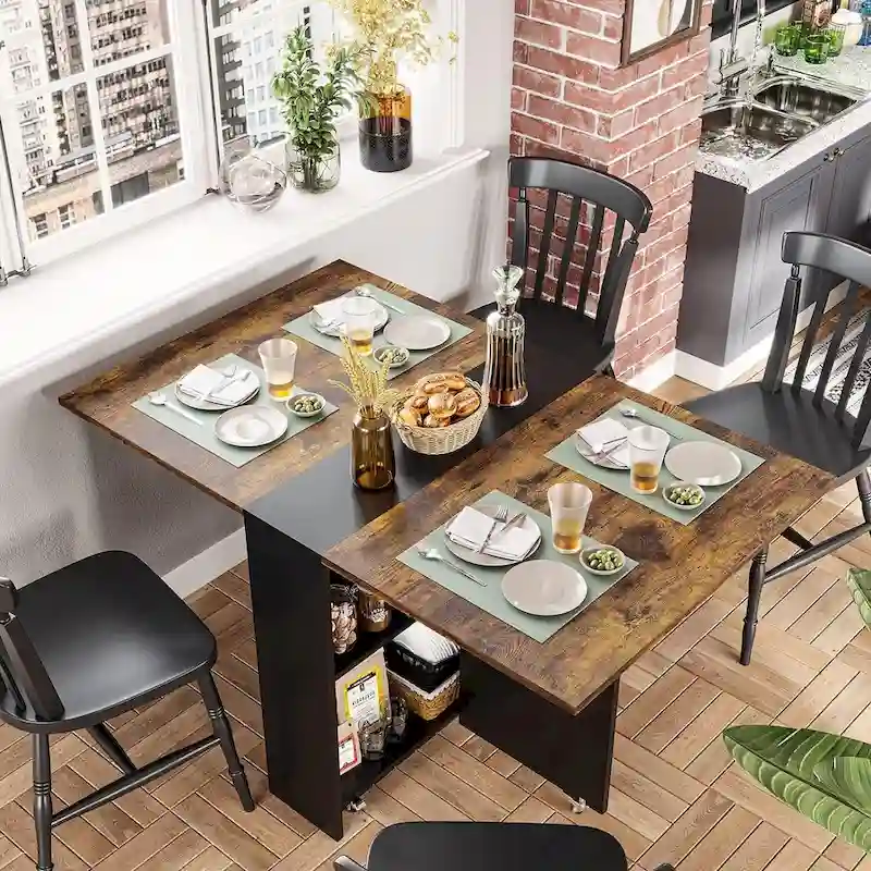 Folding Dining Table with 6 Wheels Drop Leaf Tables