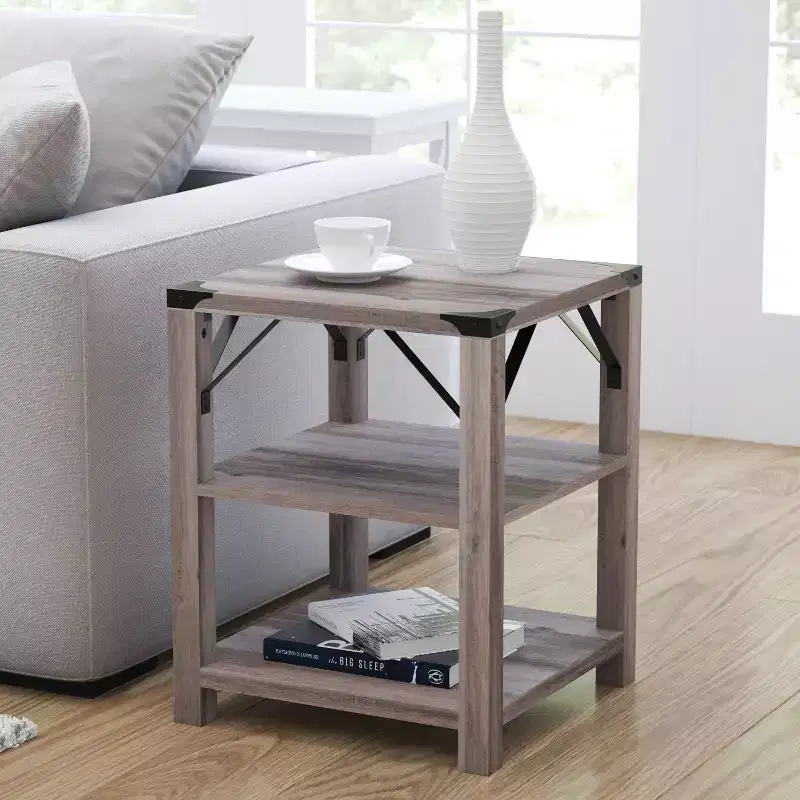 Modern Farmhouse Engineered Wood End Table with Two-Tiered Shelving & Steel Accents