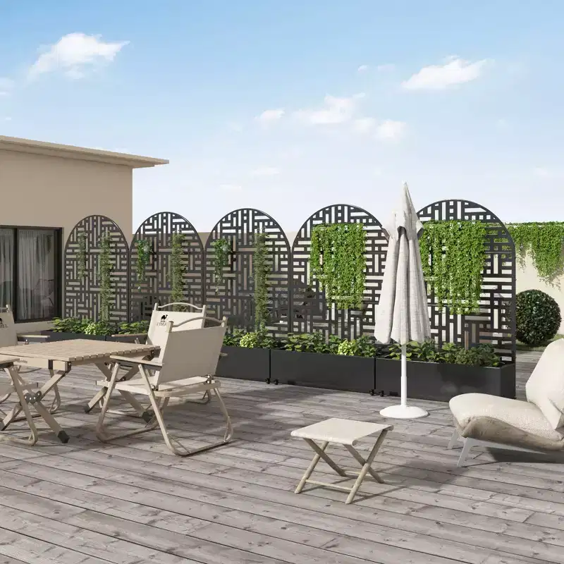 Outdoor Planter Box with Iron Trellis – 3-Piece Set