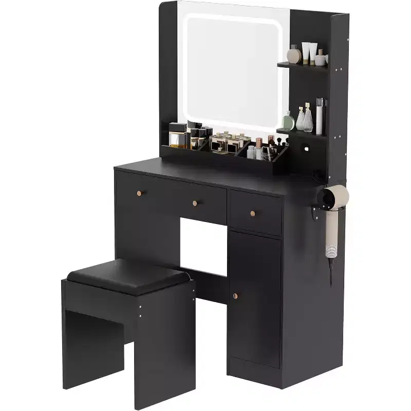 Vanity Desk with Mirror and Lights, Storage Drawers Shelves Cabinet& Chair, 3 Lighting Modes & Adjustable Brightness, for Bedroom, Living Room