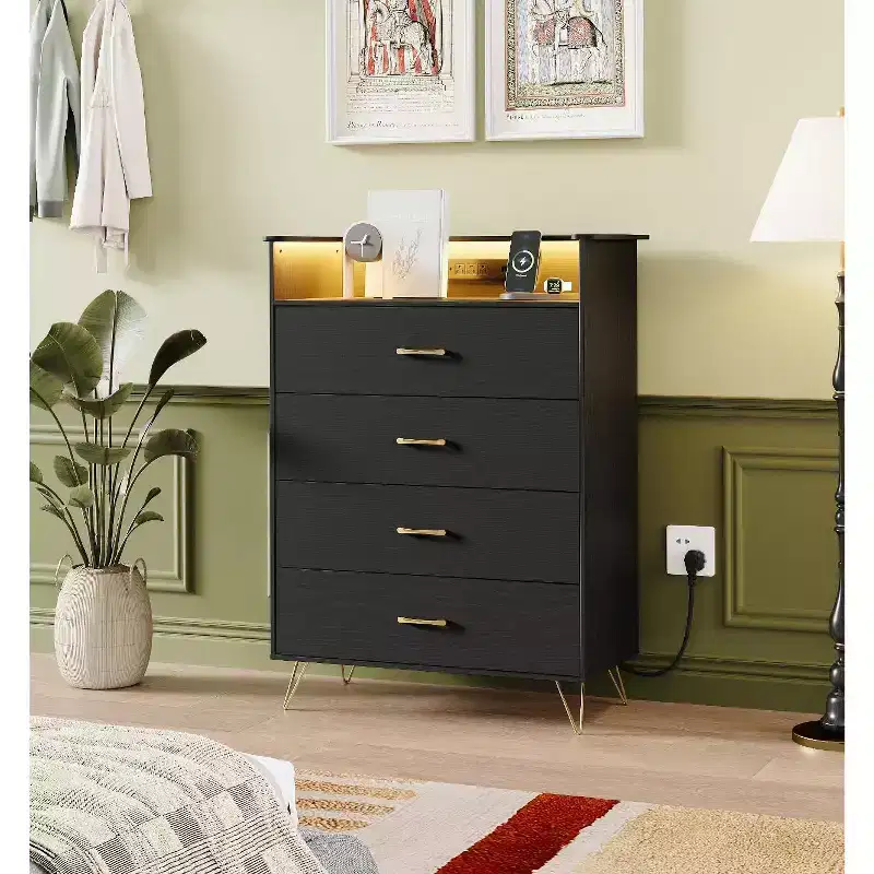 4-Drawer Dresser with RGB Lights & Charging Station, App Controlled Music Sync LED Dresser, Wooden Chest of Drawers for Bedroom, Closet, Living Room