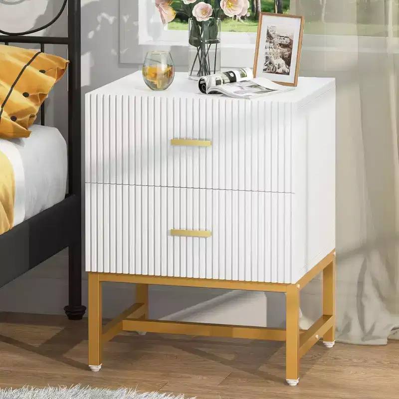 2-Drawer Nightstand Bedside Table, White Wood Top, Metal Frame